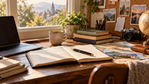 A writer's desk filled with books, a notebook, photographs, and travel inspiration for creating novel ideas.